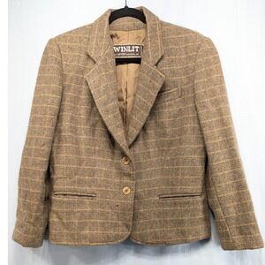 Winlit by Listeff Fashions Classic Plaid Wool‎ Blazer Jacket Brown 2 Button 13